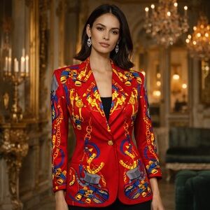 Late 1980s Escada by Margaretha Ley Equestrian Chain Print Cotton Blazer